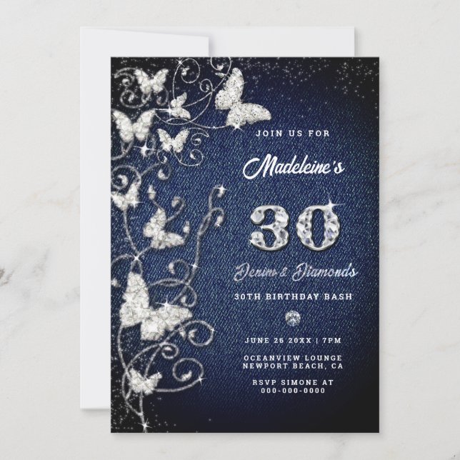 Convites Denim Diamond Bling Vines Butterfly Festa de anive (Frente)