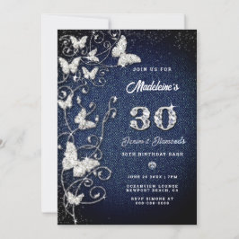 Convites Denim Diamond Bling Vines Butterfly Festa de anive