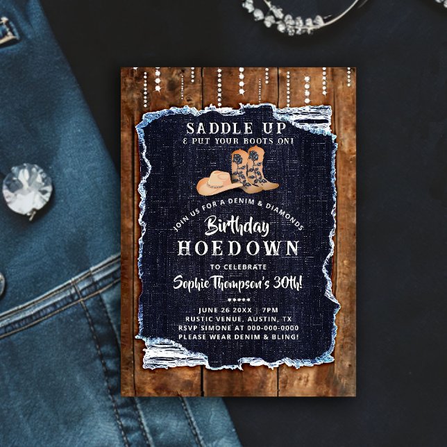 Convites Denim Diamond Cowgirl Chic Rustic Hoedown Aniversá (denim diamonds birthday party hoedown invitation rustic wood blue white cowgirl chic boots hat bling)