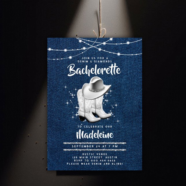 Convites Denim Diamond Cowgirl Hat Boots Chic Bachelorette (denim and diamonds bachelorette party invitation white cowgirl boots hat rhinestones rustic chic)