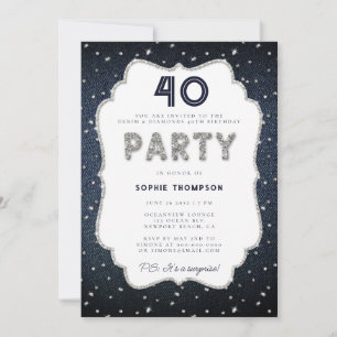 Convites Denim Diamond Glitter Frame aniversário de 40 anos