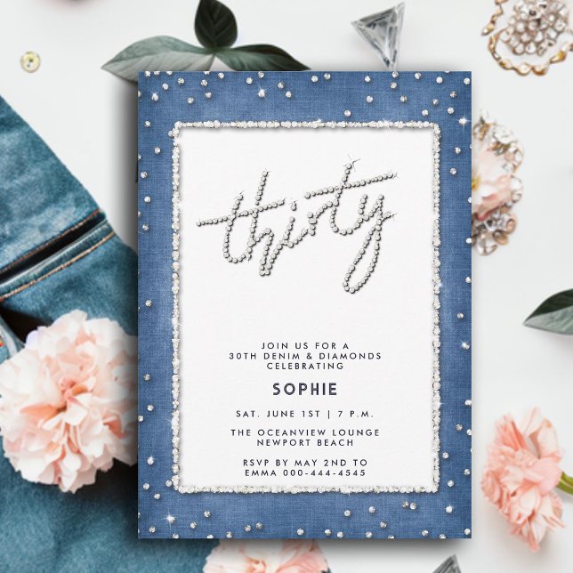Convites Denim Diamond Glitter Frame Simples aniversário de (denim diamonds 30th birthday for women elegant rhinestones modern calligraphy simple frame classy)