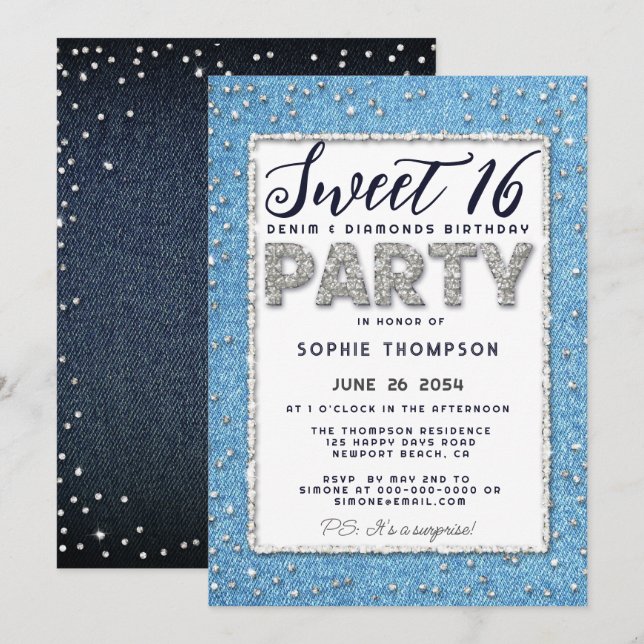 Convites Denim Diamond Glitter Frame Sweet 16 Party Girly (Frente/Verso)