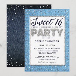 Convites Denim Diamond Glitter Frame Sweet 16 Party Girly