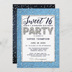 Convites Denim Diamond Glitter Frame Sweet 16 Party Girly