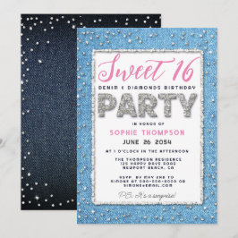 Convites Denim Diamond Glitter Frame Sweet 16 Party Pink