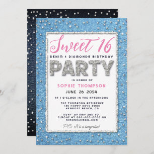 Convites Denim Diamond Glitter Frame Sweet 16 Party Pink