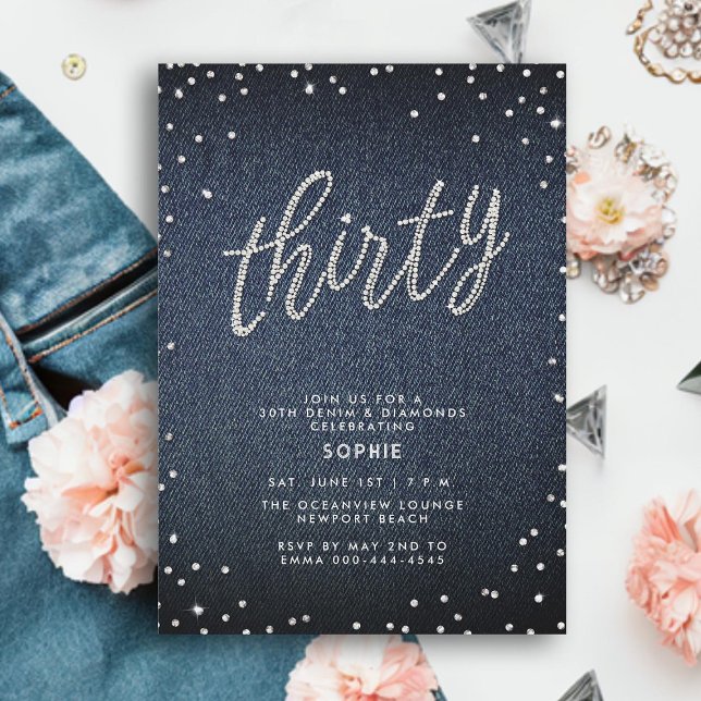 Convites Denim Diamond Glitter Simple Modern aniversário de (denim diamonds 30th birthday invitation for women modern calligraphy simple rhinestones classy)
