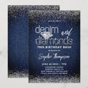 Convites Denim Diamonds Azul Branco Elegante 70º Aniversári