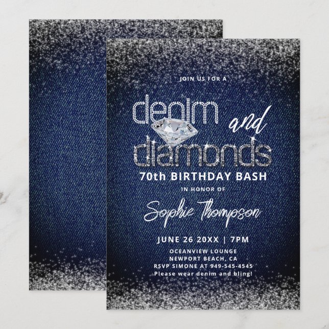 Convites Denim Diamonds Azul Branco Elegante 70º Aniversári (Frente/Verso)