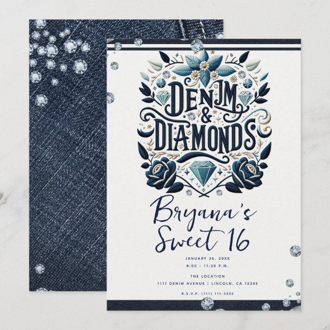 Convites Denim & Diamonds Bordado Floral Sweet 16 (Frente/Verso)