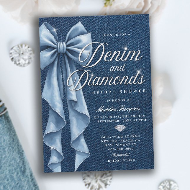 Convites Denim Diamonds Branco Azul Laço Bridal Shower Glam (denim and diamonds bridal shower invitation blue white bow bling sparkles classy)