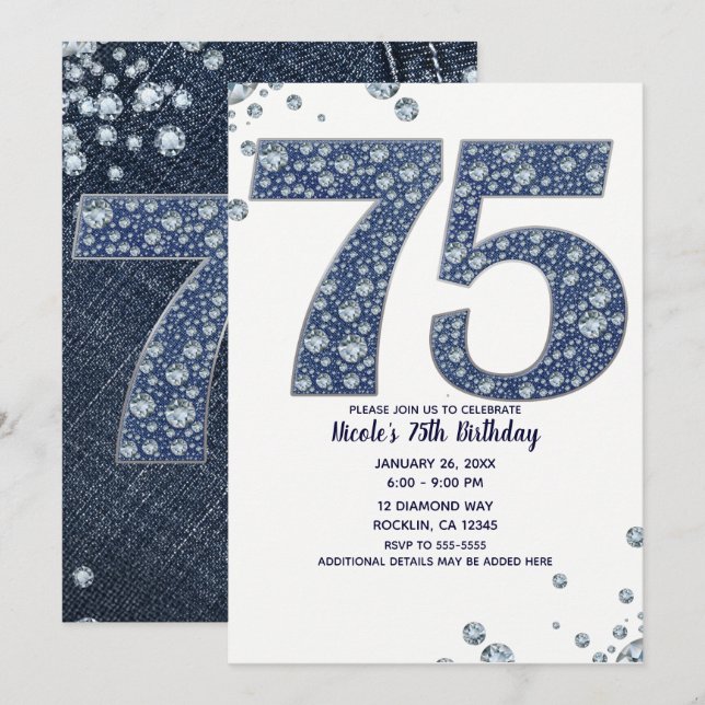 Convites Denim & Diamonds Brilho de Brilhantes 75º 75 Anive (Frente/Verso)
