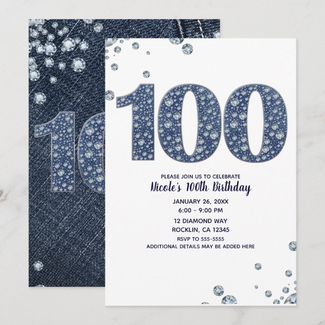 Convites Denim & Diamonds Brilho de Brilhos 100º 100 Aniver (Frente/Verso)