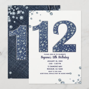 Convites Denim & Diamonds Brilho de Purpurina 12º 12 Aniver