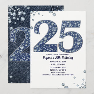 Convites Denim & Diamonds Brilho de Purpurina 25 25º Aniver