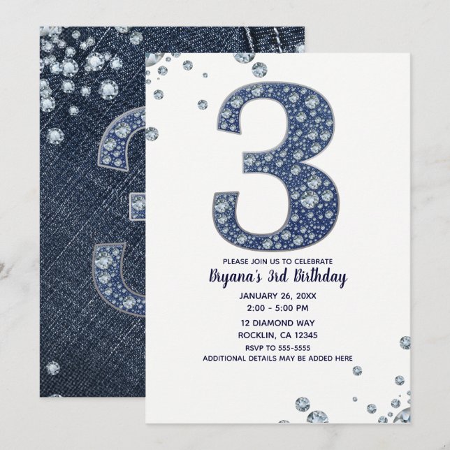Convites Denim & Diamonds Brilho de Purpurina 3º 3 Anos (Frente/Verso)