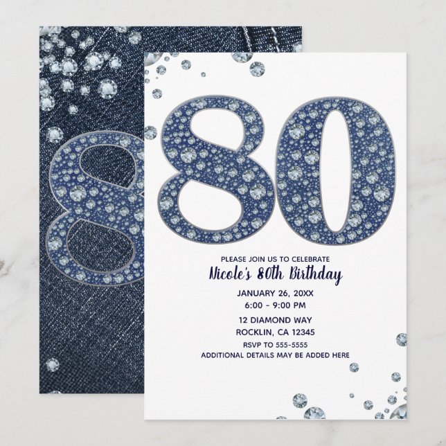 Convites Denim & Diamonds Brilho de Purpurina 80TH 80 Anive (Frente/Verso)
