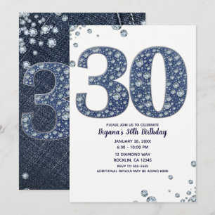 Convites Denim & Diamonds Brilho Lantejoulas 30TH 30 Aniver