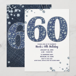 Convites Denim & Diamonds Brilho Lantejoulas 60TH 60 Aniver