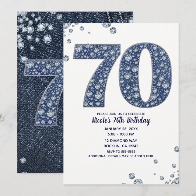 Convites Denim & Diamonds Brilho Lantejoulas 70º 70 Anivers (Frente/Verso)