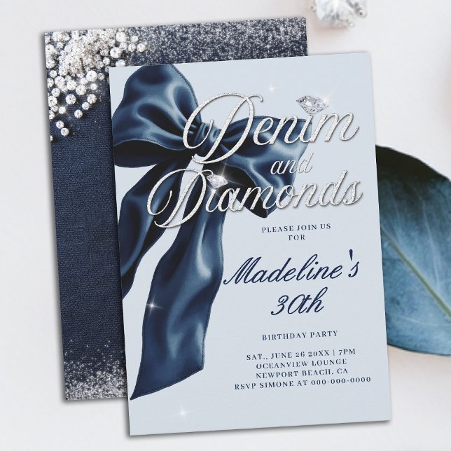 Convites Denim Diamonds Dark Blue Bow 30th Birthday Party (denim and diamonds 30th birthday party invitation blue white dark bow bling sparkles classy)