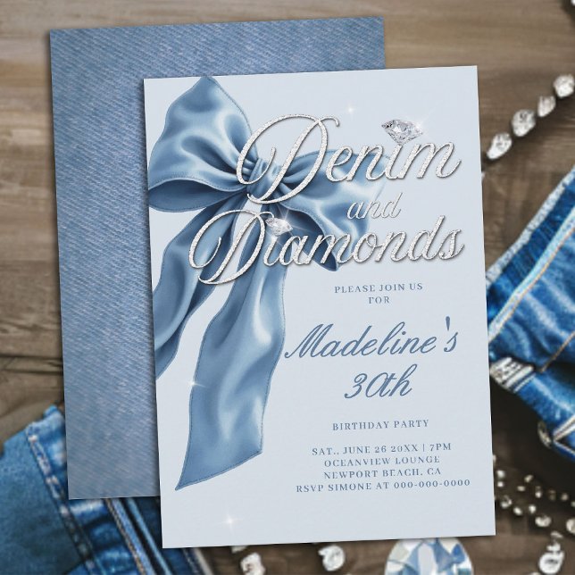Convites Denim Diamonds Light Blue Bow 30th Birthday Party (denim and diamonds 30th birthday party invitation blue white bow bling sparkles classy)