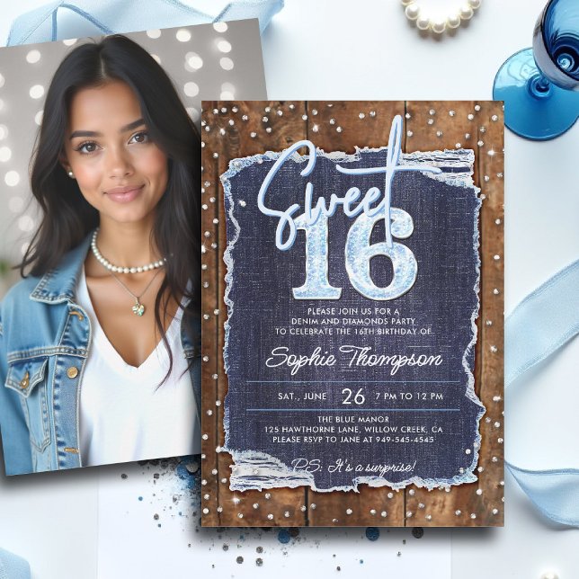 Convites Denim Diamonds Rustic Wood Elegant Photo Sweet 16 (sweet 16 sixteen invitation denim diamonds blue white rustic wood bling elegant classy photo)