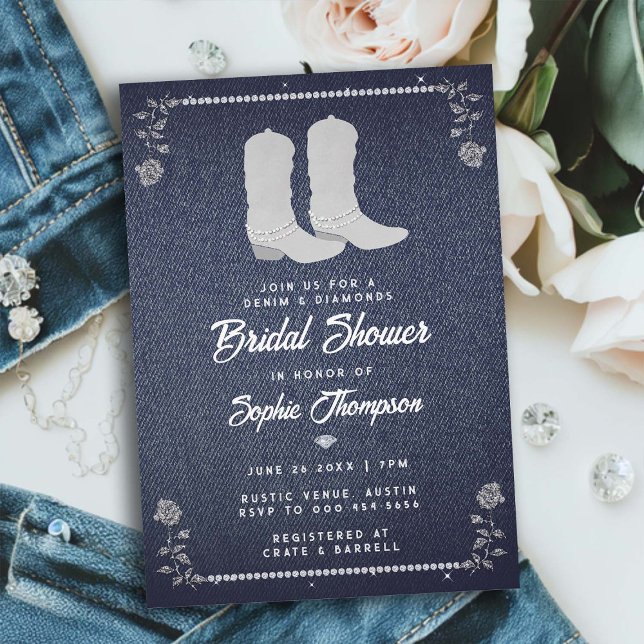 Convites Denim Diamouros Cowgirl Boots Chá de panela Ociden (denim diamonds bridal shower invitation classy rhinestone cowgirl boots roses western country chic)