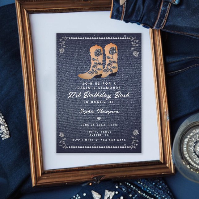 Convites Denim Diamouros Cowgirl Boots Rosa (denim diamonds 21st birthday invite for girls rustic cowgirl boots roses rhinestones classy elegant)