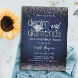Convites Denim Diamouros Tipografia Festa de aniversário de<br><div class="desc">Um convite de aniversário moderno,  elegante e chic com um tema de denim e diamantes. Apresenta um fundo denim,  letras personalizadas para a palavra "denim" e tipografia em branco. Um design de "denim e diamantes" chico para uma mulher no seu trigésimo aniversário!</div>