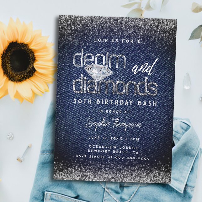 Convites Denim Diamouros Tipografia Festa de aniversário de (elegant denim diamonds 30th birthday party invitation for women rhinestones frosting classy modern)