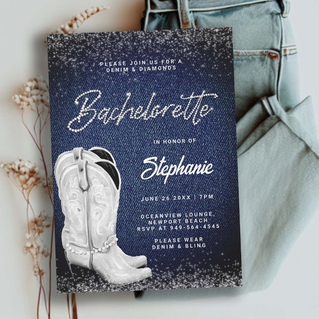 Convites Denim Diamuros Cowgirl Boots Bling Bachelorette (denim and diamonds bachelorette party invitation country ladies night out cowgirl boots classy chic)