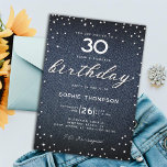 Convites Denim Diamuros Elegante aniversário de 30 anos<br><div class="desc">Um modelo simples, moderno, elegante e chic com fundo denim, a palavra BIRTHDAY coberta em diamantes brancos (simulados, não em reais) e em roteiros de caligrafia modernos, e tipografia em branco. Um aniversário de 30 anos de "denim e diamantes" clássico para design de mulheres, que pode ser personalizado para qualquer...</div>