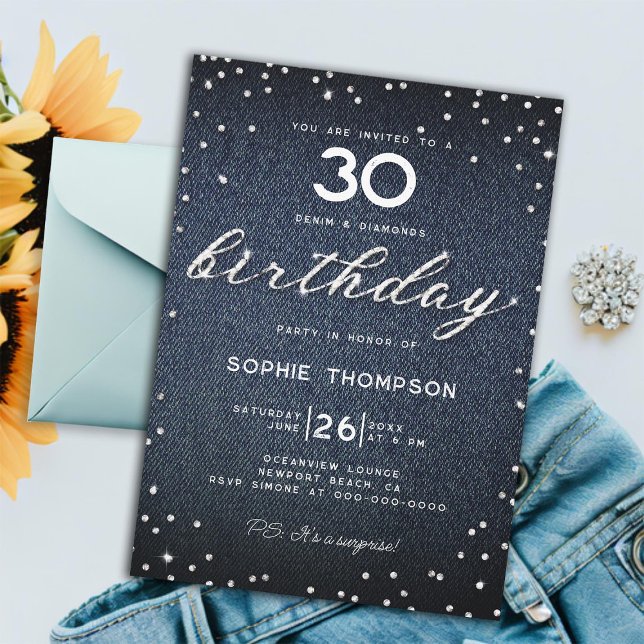 Convites Denim Diamuros Elegante aniversário de 30 anos (denim diamonds 30th birthday party women elegant rustic boho rhinestones glitter chic modern classy)