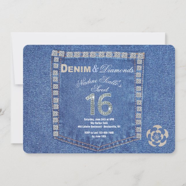 Convites Denim e Diamantes Doem Dezesseis Aniversários (Frente)