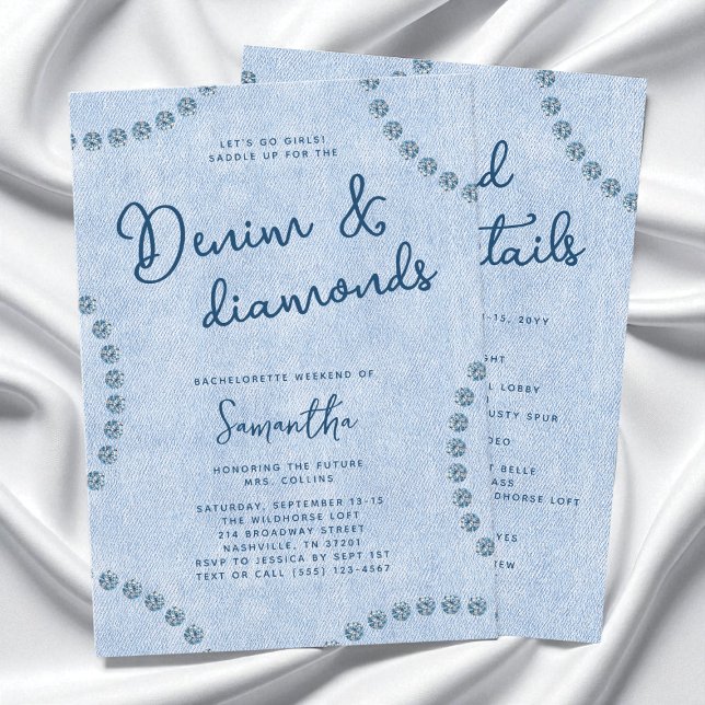 Convites Denim e Diamantes Festa de solteira Azul Ocidental (Denim and Diamonds Blue Western Bachelorette Party Invitation)