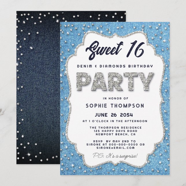 Convites Denim e Diamantes Glitter Frame Sweet 16 Party (Frente/Verso)