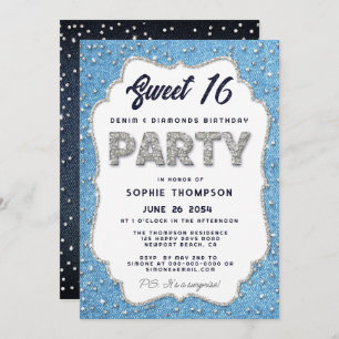 Convites Denim e Diamantes Glitter Frame Sweet 16 Party