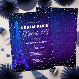 Convites Denim em Paris Glitter Elegante Purple Sweet 16