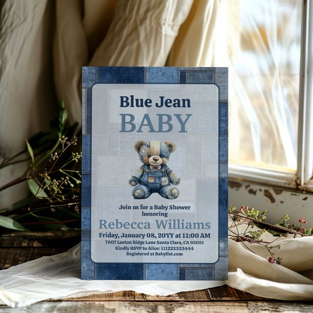 Convites Denim Patchwork Bear Toy Blue Jean Baby Shower (Criador carregado)