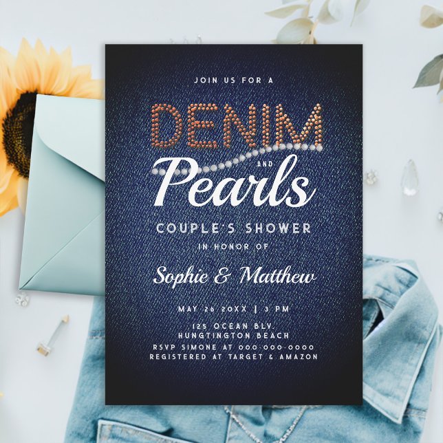 Convites Denim Pearls Casal Chá de casamento Elegante Russo (denim and pearls couple wedding shower invitation elegant rustic chic blue brown jeans white classy)