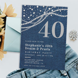 Convites Denim Pearls Elegante aniversário de 40 anos