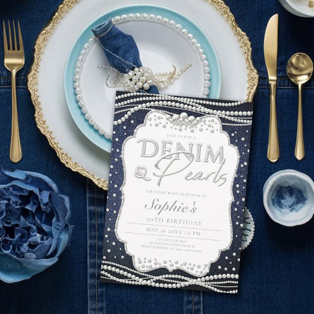 Convites Denim Pearls Elegante Modern Classy 50º Aniversári (denim and pearls birthday party invitation 50th for her elegant classy modern)
