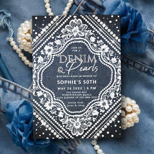 Convites Denim Pearls Lace Elegante Moderno 50º Aniversário