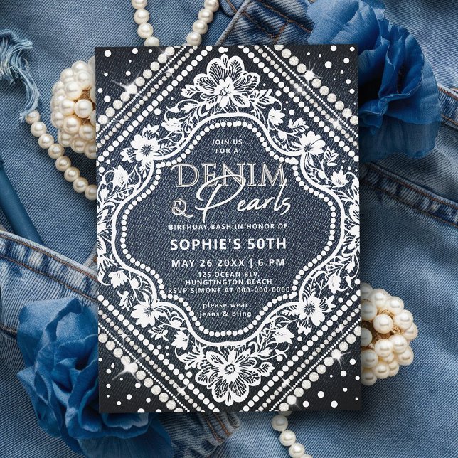 Convites Denim Pearls Lace Elegante Moderno 50º Aniversário (denim lace pearls birthday invitation 50th party elegant diamond shape frame classy modern chic)