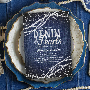 Convites Denim Pérolas Azul Moderno Elegante 50º Aniversári