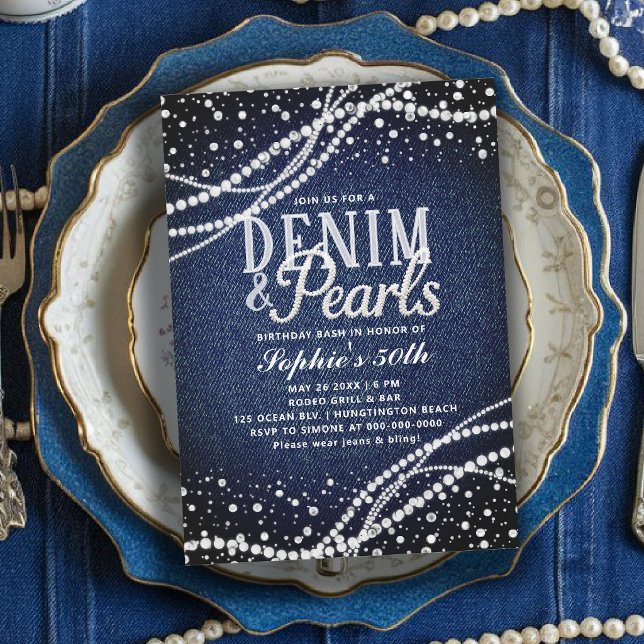 Convites Denim Pérolas Azul Moderno Elegante 50º Aniversári (denim and pearls birthday party theme 50th for women white and blue elegant modern classy)