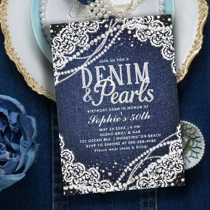 Convites Denim Pérolas Renda Moderno Elegante 50º Aniversár