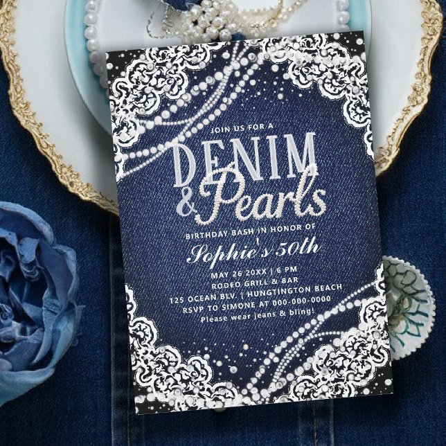 Convites Denim Pérolas Renda Moderno Elegante 50º Aniversár (denim and pearls birthday party theme 50th for women white lace elegant modern classy)